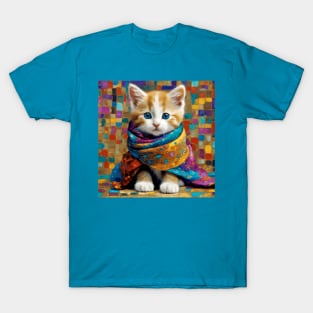 Gustav Klimt Style Tabby Cat Kitten with Colorful Scarf T-Shirt